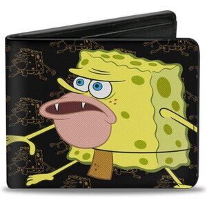 ✨Men's Black Squarepants Buckle-Down PU Bifold  Primitive Sponge Pose Wallets